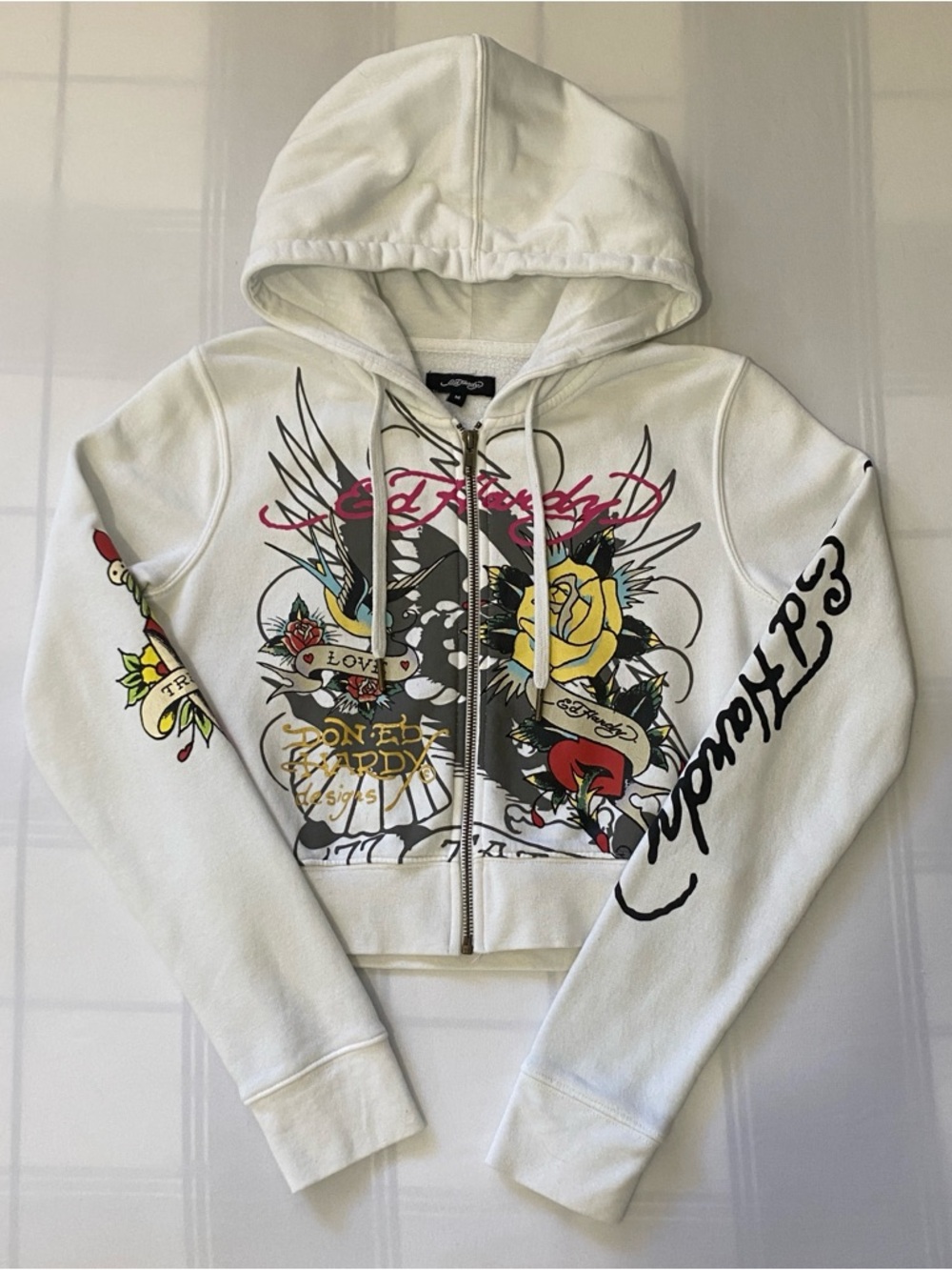 Ed Hardy White Cropped Zip Up With Graphic Design